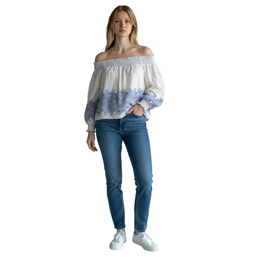 Calligraphie Off Shoulder Linen Blouse XL White Blue Embroidery Boho Peasant Top